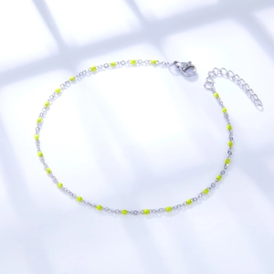 Bohemian silver stainless steel anklet with vibrant neon yellow enamel beads and lobster clasp