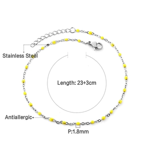 Detail of antiallergic stainless steel anklet with 1.8mm yellow beads and 23+3cm length