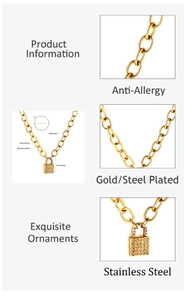 Close-up of gold plated stainless steel lock pendant with detailed size specifications