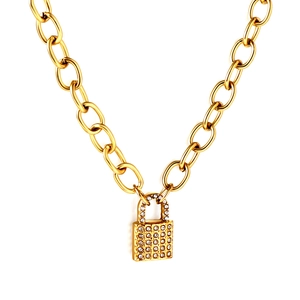 Polished gold link chain necklace featuring a rectangular padlock pendant with micro-pave crystals