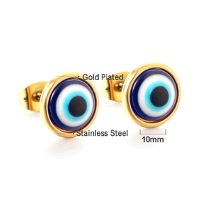 Gold plated stainless steel 10mm evil eye stud earrings with blue enamel finish