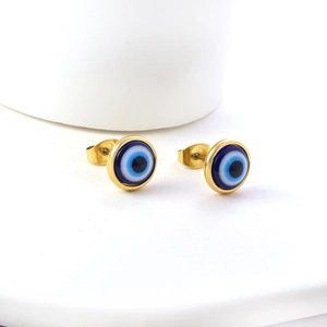 Minimalist gold-plated stainless steel Evil Eye stud earrings on a clean white stand