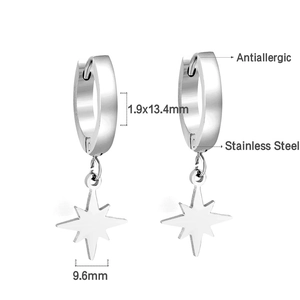 Fashionable stainless steel hoop earrings with star pendants for women in silver color