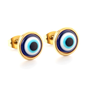 Golden Evil Eye stud earrings with blue enamel finish on a clean white background