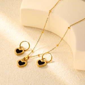Collier Et Boucles D'oreilles Coeur En Acier Inoxydable Coquille Noire Double Face Pendentif Plaqué Or Bijoux Femmes