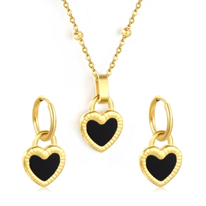 Parure bijoux en acier doré avec pendentifs cœurs noirs et collier à chaîne perlée fine