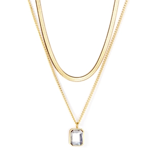 French luxury gold layered necklace with snake chain and rectangular glass pendant