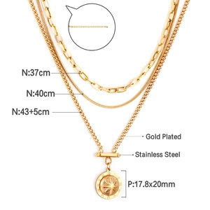 Three-layer 18K gold plated stainless steel necklace with starburst coin pendant