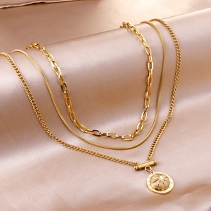 Multi Layer Star Coin Pendant Necklace Gold Plated Stainless Steel Retro Compass Roman Numerals Jewelry For Women