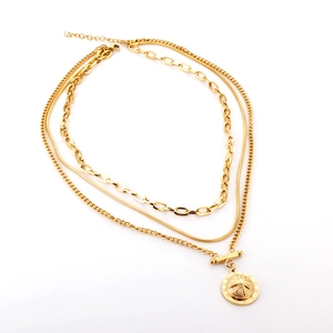 Three-layer 18K gold plated necklace with octagonal star coin pendant and mixed chains
