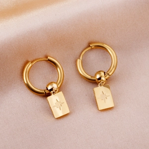 Gold Plated Stainless Steel Hoop Earrings With Compass Star Rectangle Pendant Geometric Individual Style Jewelry For Women