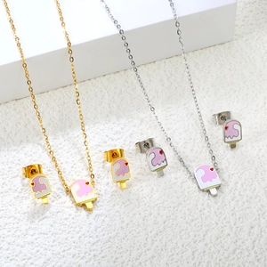 Sweet pink ice cream pendant necklace and stud earrings jewelry set for women