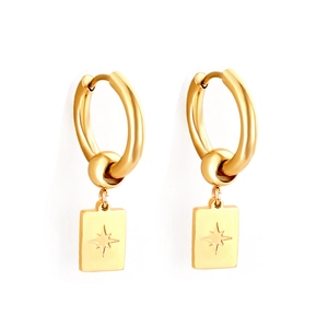 Golden stainless steel hoop earrings with rectangular starburst pendants on white background