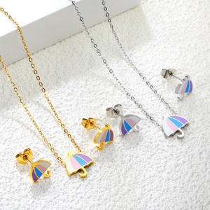 Cute metal candy-colored umbrella jewelry set with enamel necklaces and stud earrings