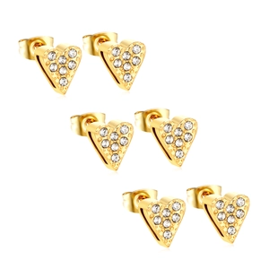 Three pairs of gold heart stud earrings with cubic zirconia stones in stainless steel