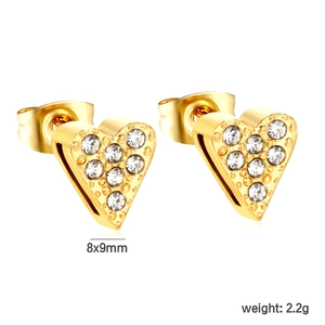 Elegant gold heart stud earrings with sparkling rhinestones, 8x9mm size, 2.2g weight