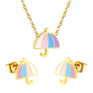 Cute four-color enamel umbrella jewelry set with gold-plated necklace and stud earrings