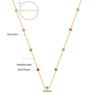 Detail of 57cm gold plated stainless steel necklace with 11 colorful round crystals