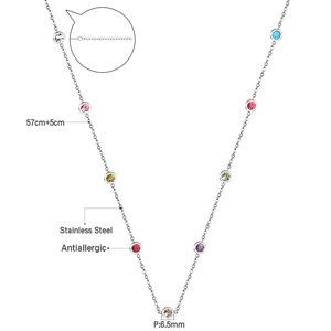 Minimalist stainless steel necklace with multi-colored round stones and adjustable chain