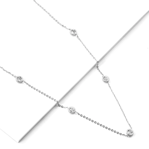 Minimalist stainless steel necklace with five bezel-set zircon stones on white background