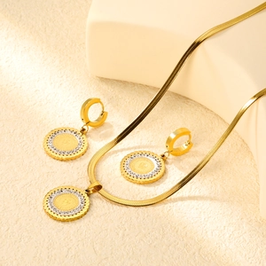 Gold plated stainless steel coin necklace and hoop earrings set with zircon stones