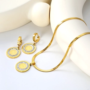 Golden stainless steel jewelry set with coin portrait pendants and flat snake chain
