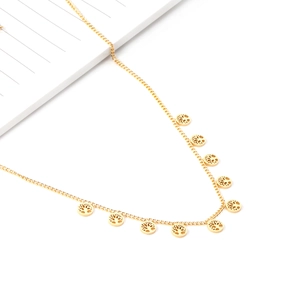 Elegant gold stainless steel tree of life tassel necklace with nine circular charms