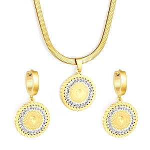Gold coin pendant necklace and earrings set with crystal inlay and flat snake chain