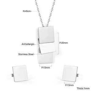 Detail view of geometric stainless steel jewelry set with exact size measurements