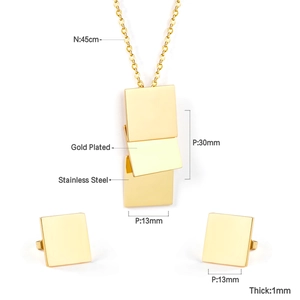 Detailed size chart of a geometric stainless steel necklace and square earring jewelry set