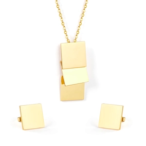 Polished gold geometric jewelry set featuring rectangular pendant necklace and square studs