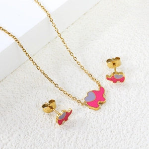 Cute pink and lavender elephant jewelry set with gold necklace and stud earrings