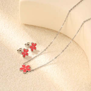Parure bijoux fleur de cerisier avec collier et boucles d'oreilles en acier argenté