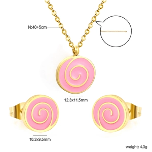 Pink swirl lollipop jewelry set with stainless steel necklace and stud earrings