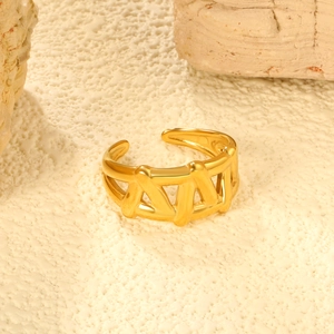 Detail of 18K gold plated stainless steel open ring with geometric hollow pattern