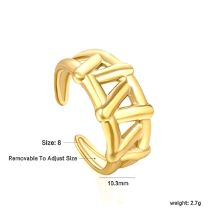 Detail view of 18K gold plated stainless steel adjustable ring with woven texture
