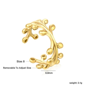 Detailed view of adjustable 18K gold branch ring with size 8 measurements and weight