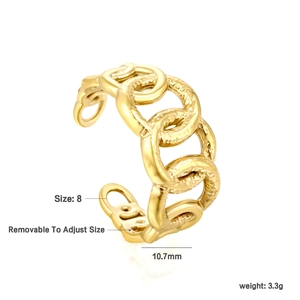 Detail of 18K gold stainless steel chain ring with hammered texture and size specs