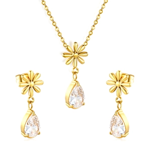 Set di gioielli con collana a fiore dorato e orecchini con cristallo a goccia