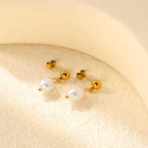 Elegant stainless steel gold ball stud earrings with freshwater pearl drop pendants