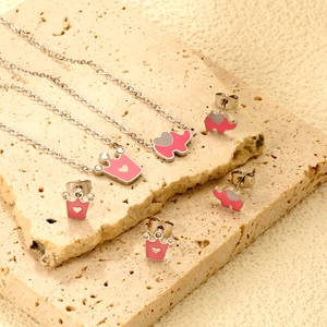 Parure de bijoux pour filles avec éléphants roses et couronnes en acier inoxydable