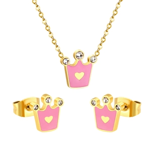 Parure de bijoux couronne rose avec collier et boucles d'oreilles dorés et cristaux