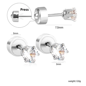 Vue détaillée des boucles d'oreilles zircon de 3mm avec dimensions et système de pression