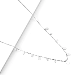 Minimalist stainless steel necklace with multiple teardrop pendants on white background