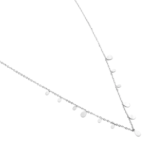 Minimalist silver chain necklace featuring sleek teardrop and petal pendants on white background