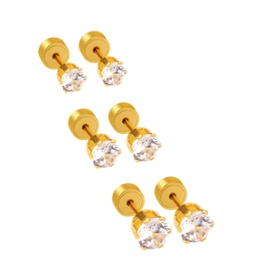 Trois paires de puces d'oreilles en acier doré avec zircons ronds de tailles variées