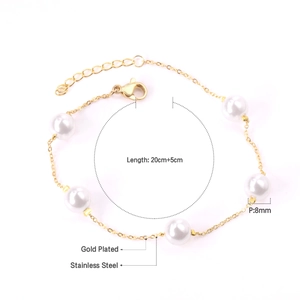 Bracelet élégant en acier inoxydable plaqué or 18K avec perles blanches de 8mm pour femme