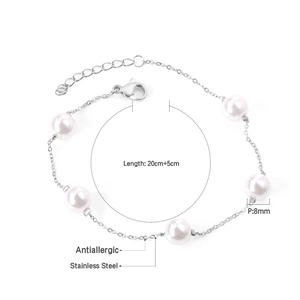 Bracelet élégant en acier inoxydable 18K avec perles de 8mm et chaîne de 20+5cm