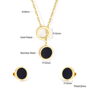 Detailed specs of gold plated stainless steel necklace and black disc earring jewelry set