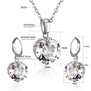 Detailed dimensions of six-claw cubic zirconia necklace and earrings set in stainless steel